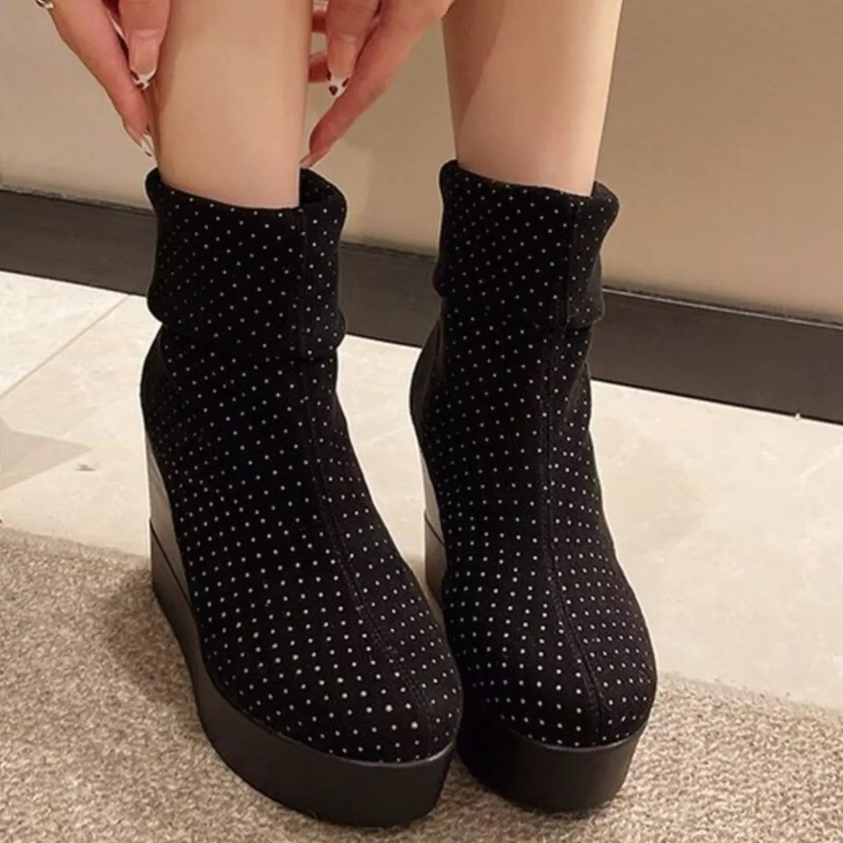 Round Toe Wedge Boots angled view