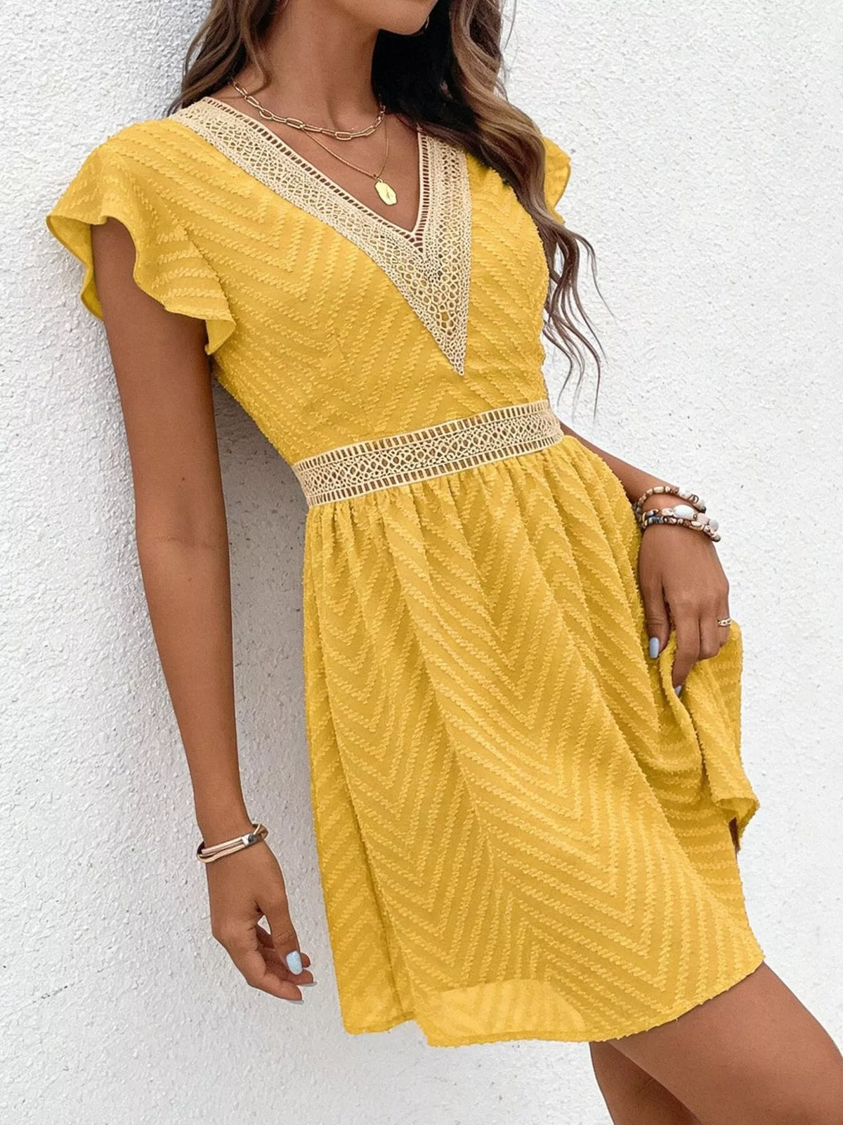 V neck ruffle sleeve mini dress, side view