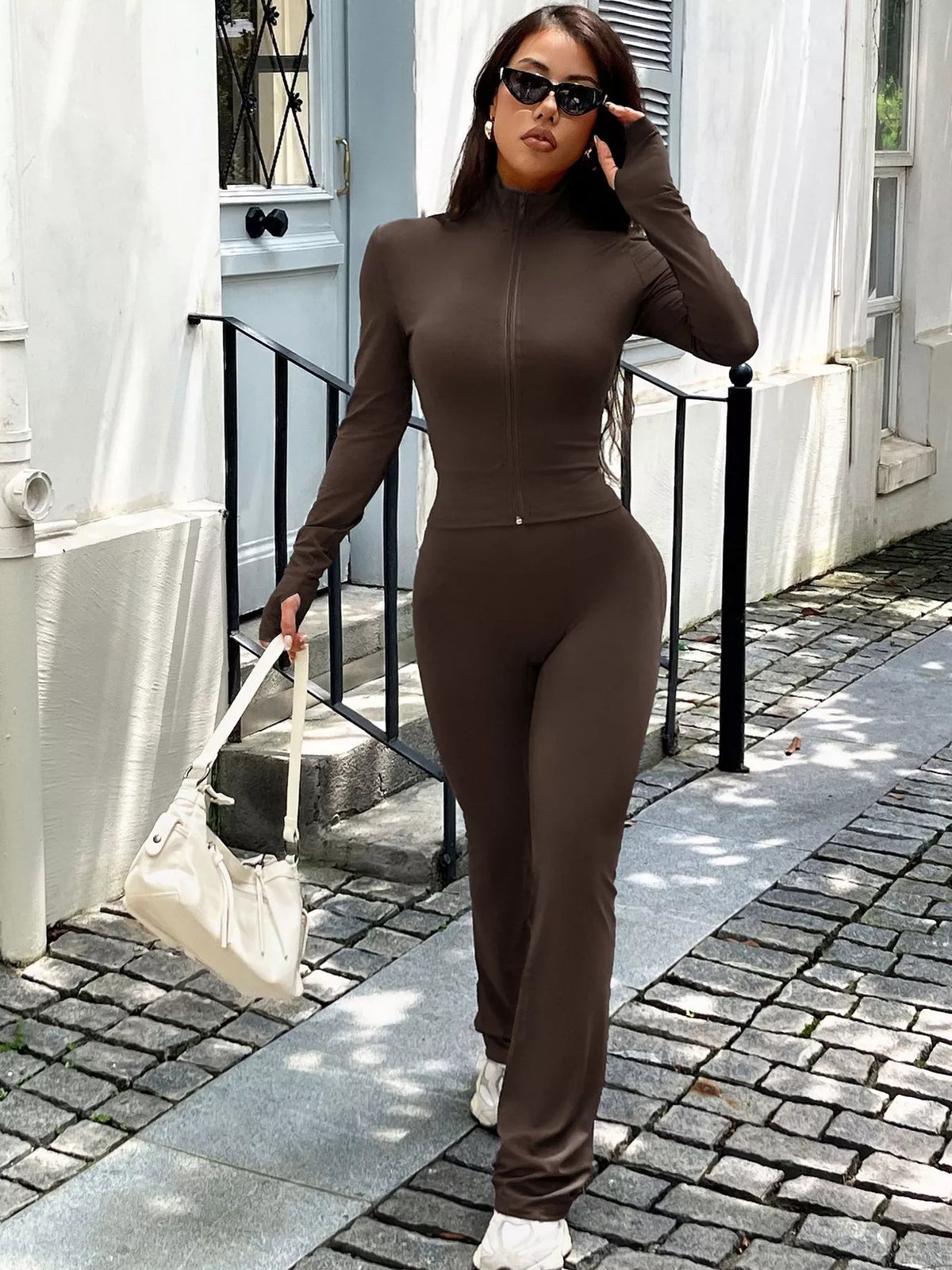 Zip Up Long Sleeve Outerwear and Pants Active Set on model