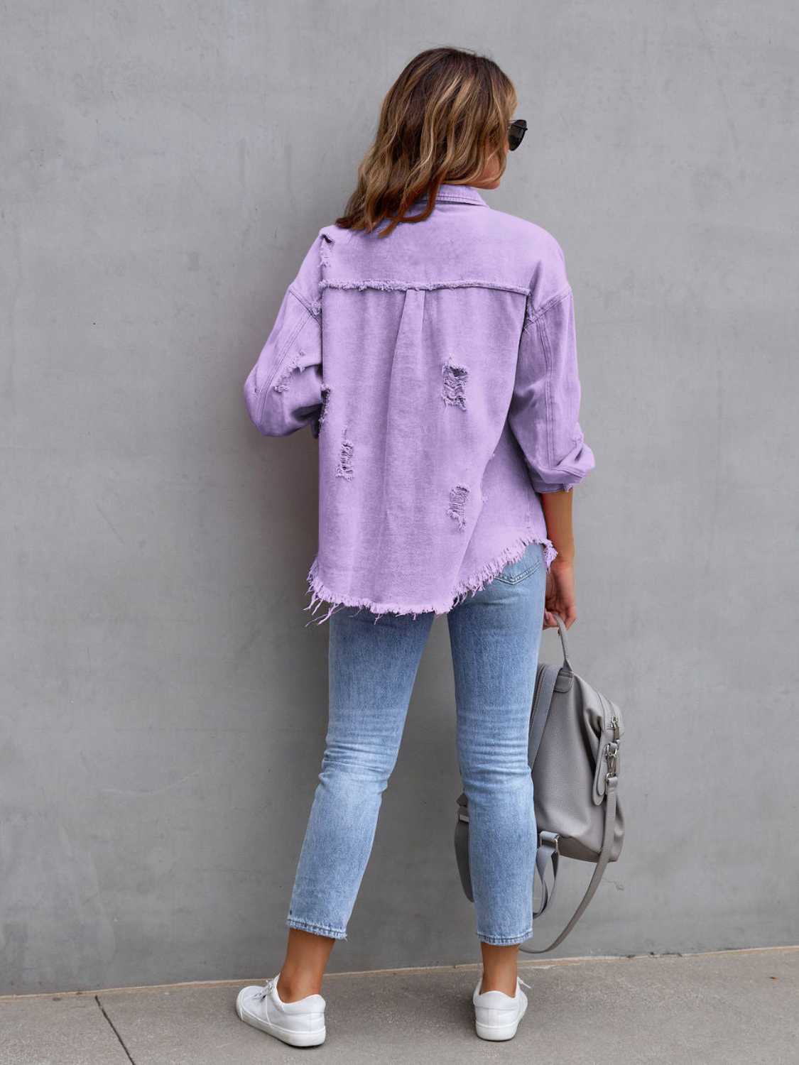 Distressed Drop Shoulder Denim Jacket - Fashorio