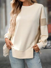 Slit Round Neck Long Sleeve Sweatshirt Apricot - Fashorio