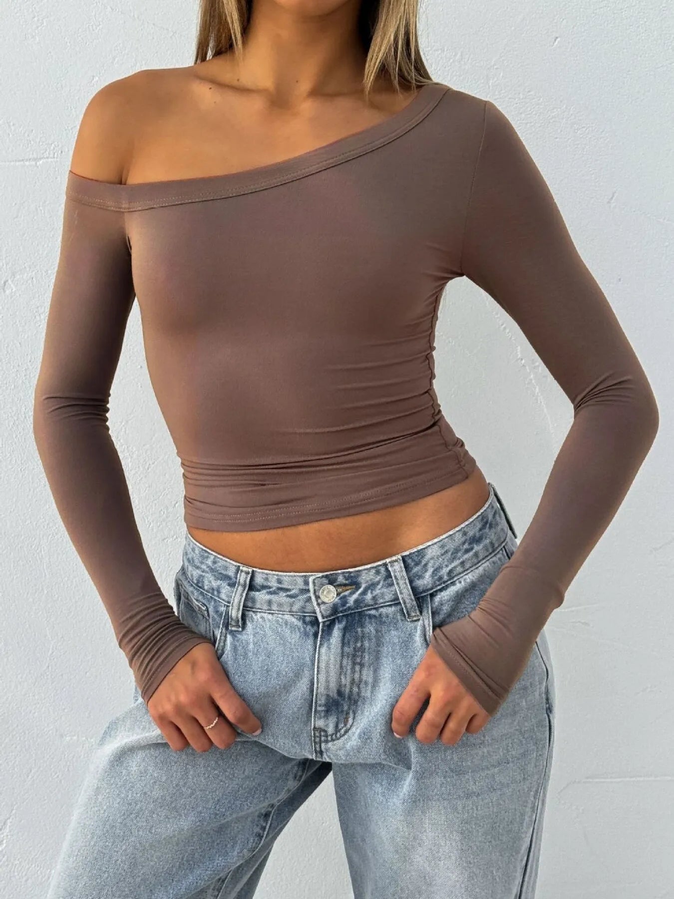 One Shoulder Long Sleeve Crop T-Shirt Coffee Brown - Fashorio