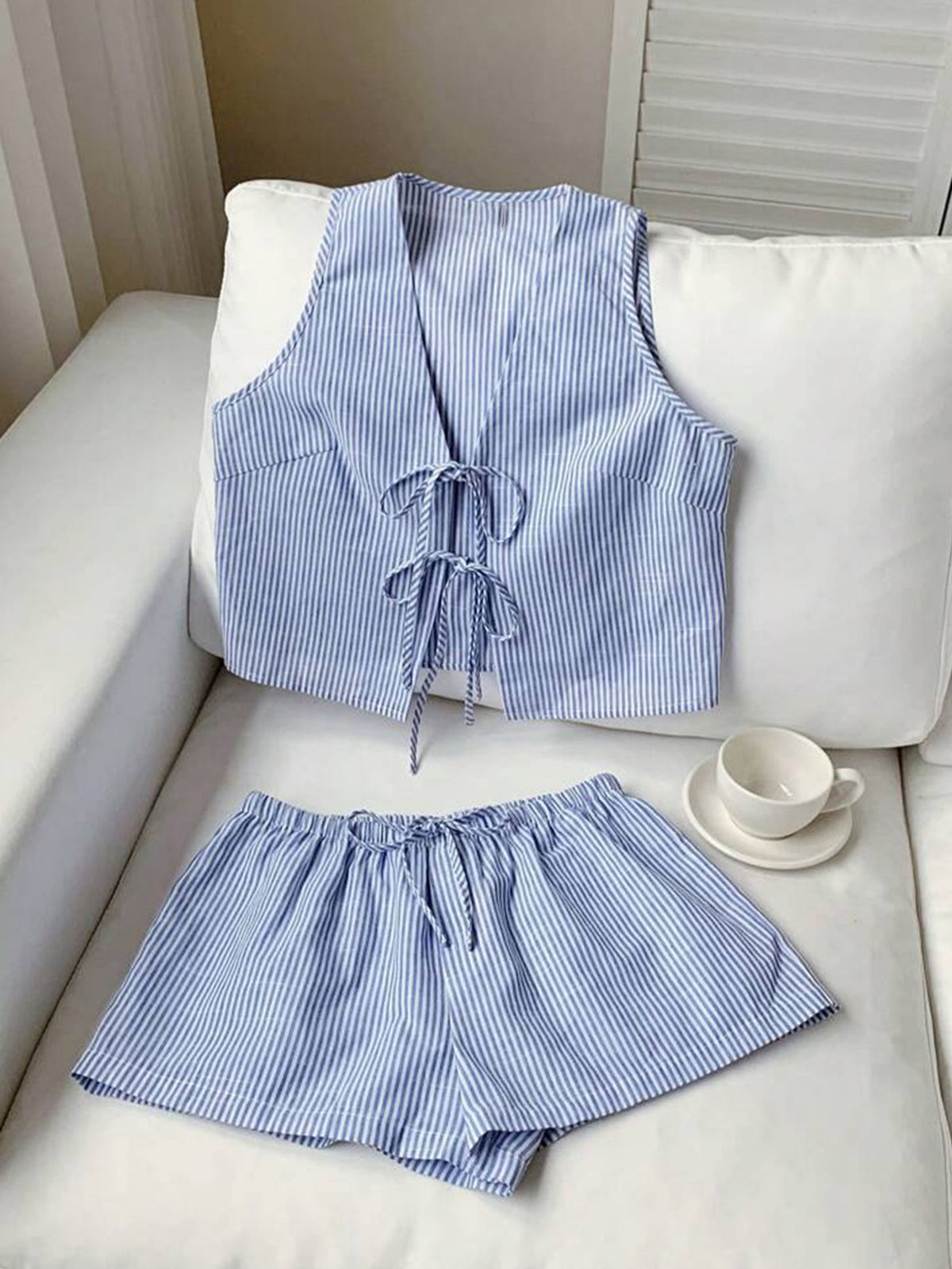 Striped tie front vest and matching shorts coordinated set