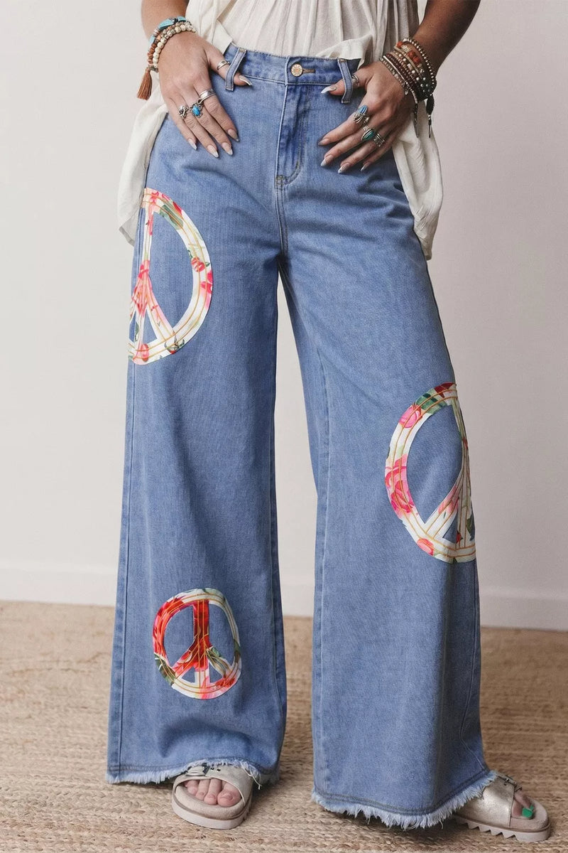 Floral peace sign wide leg jeans front view