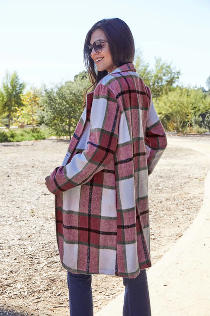 Double Take Full Size Plaid Button Up Lapel Collar Coat - Fashorio