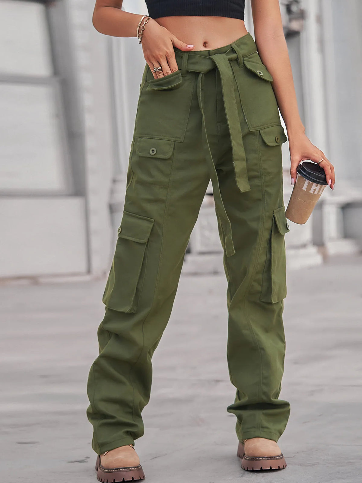 High Waist Multi Pocket Cargo Jeans, view 22