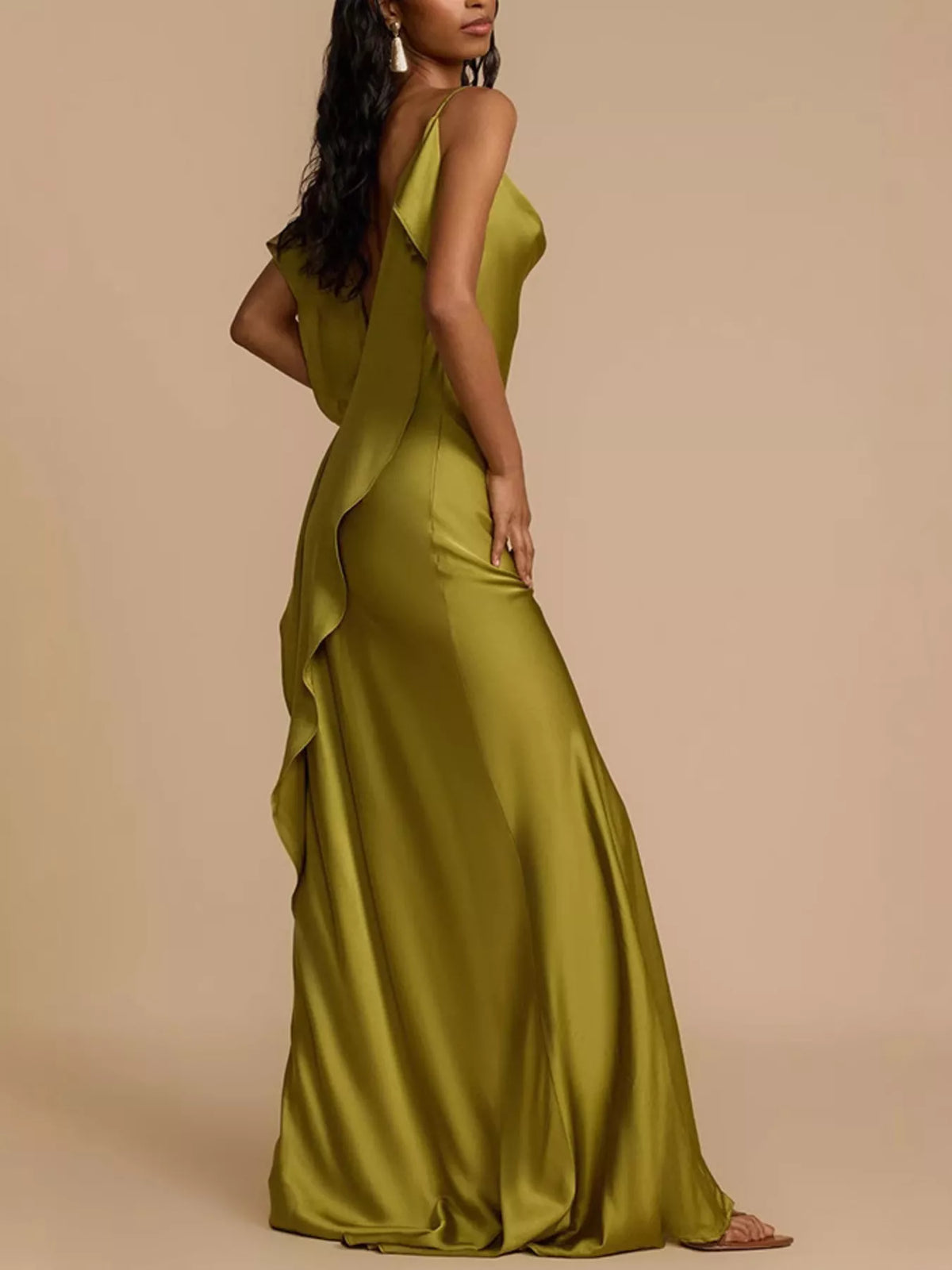 Matcha satin cowl neck slit maxi dress full length styling