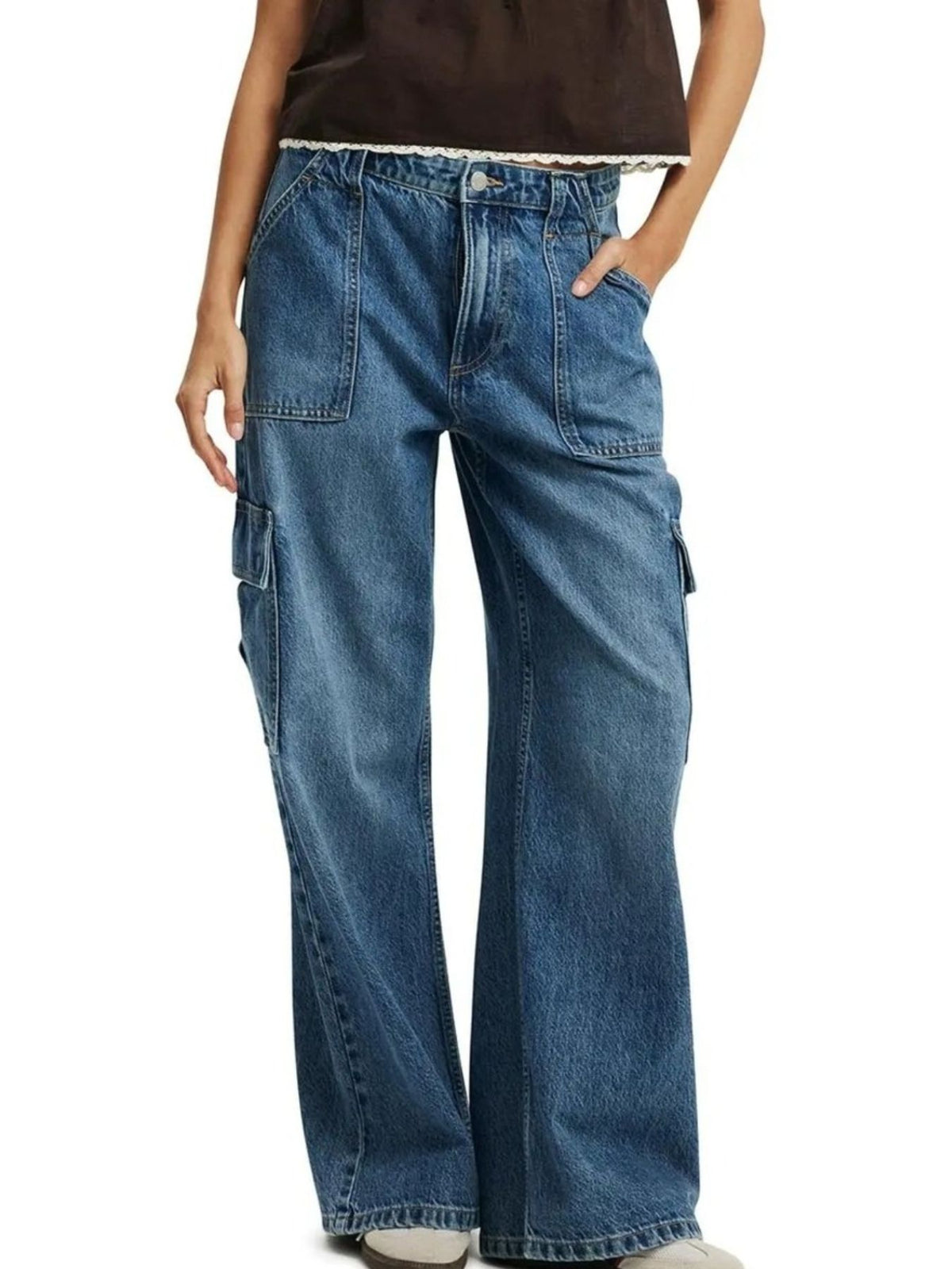 Wide leg cargo jeans front view