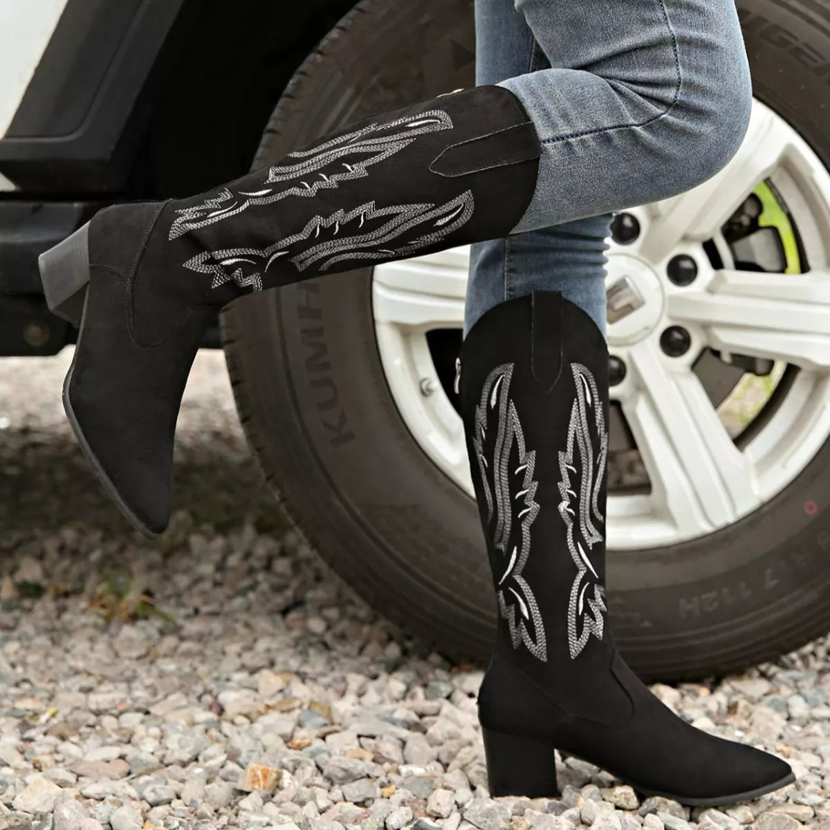 Point toe block heels boots back heel view