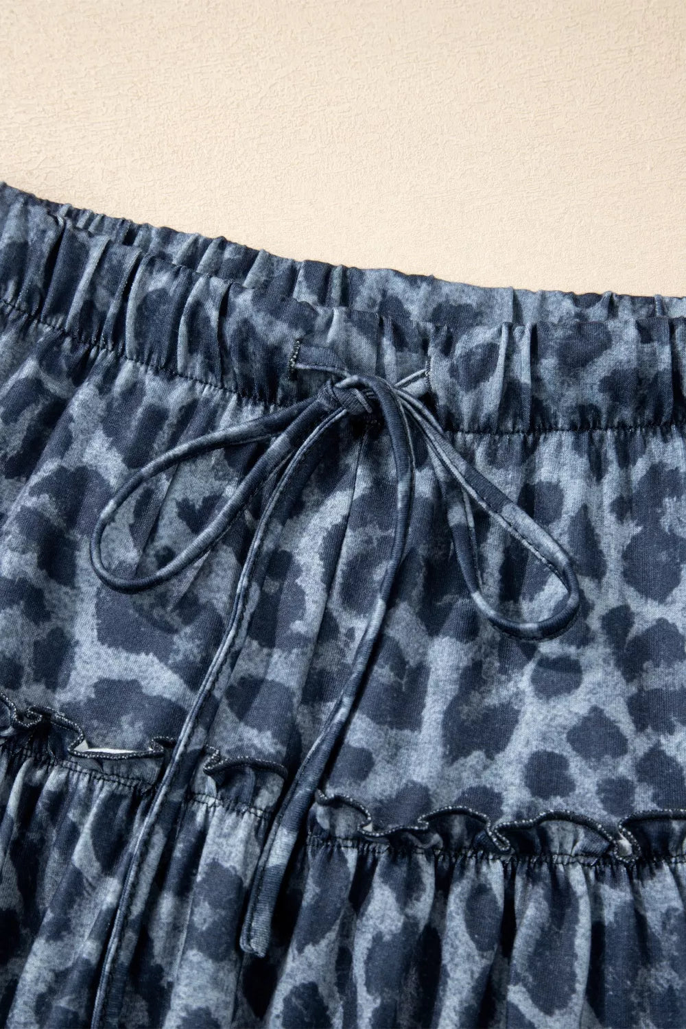 Leopard print drawstring wide leg pants waist detail