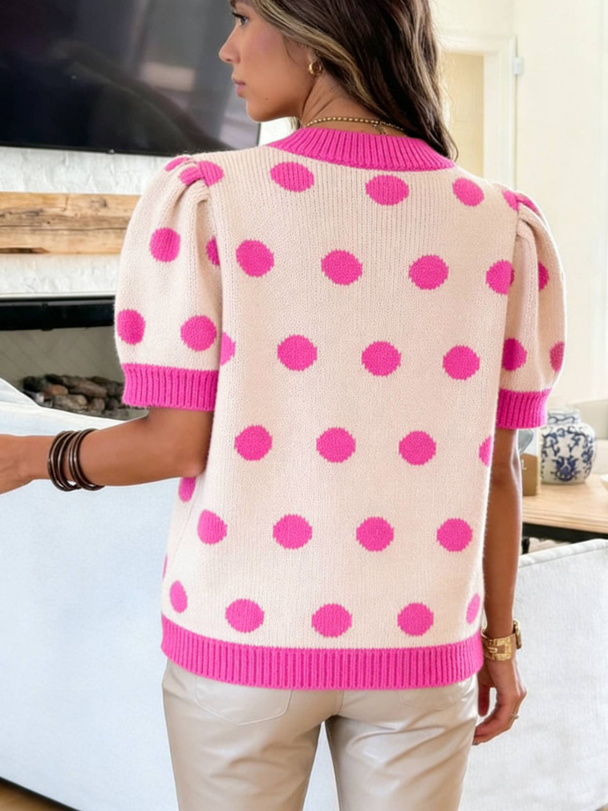 Puff short sleeve detail on polka dot sweater