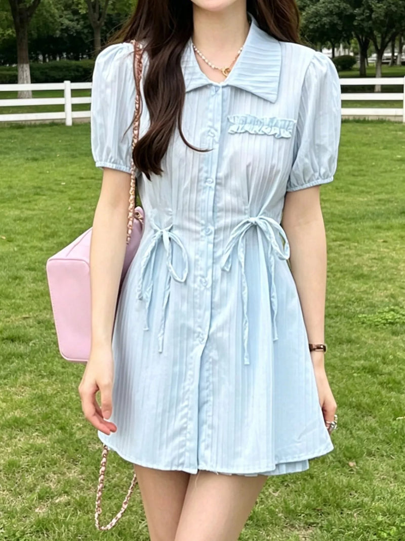 Light blue tied button up shirt and shorts set front view