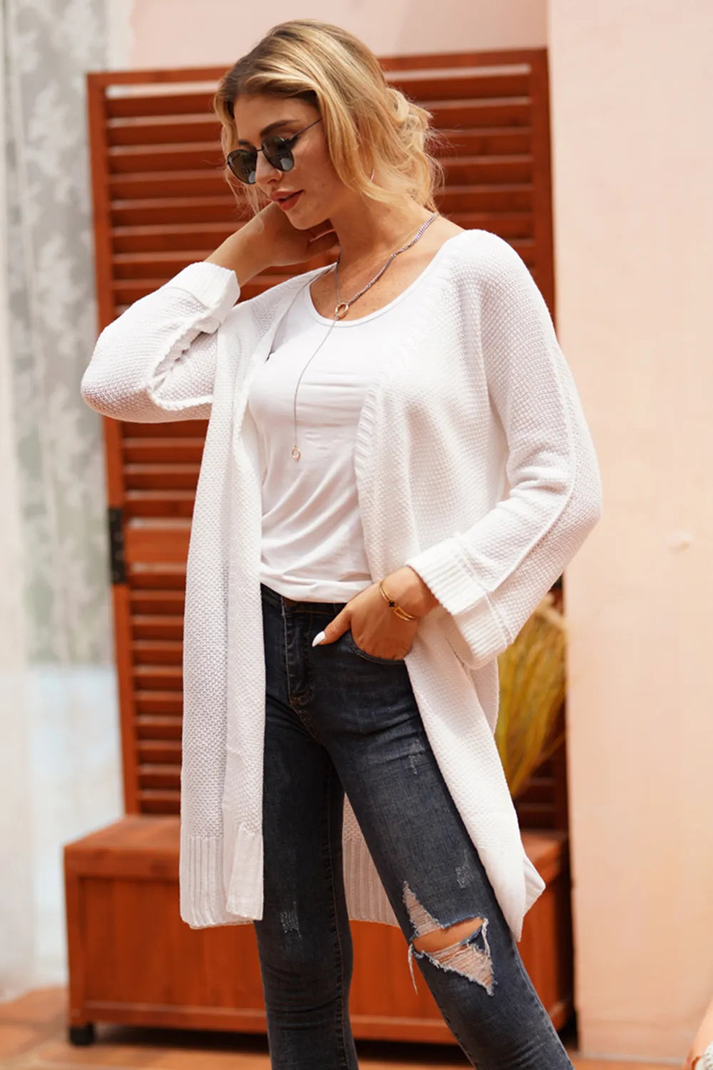 Open Front Long Sleeve Cardigan White - Fashorio