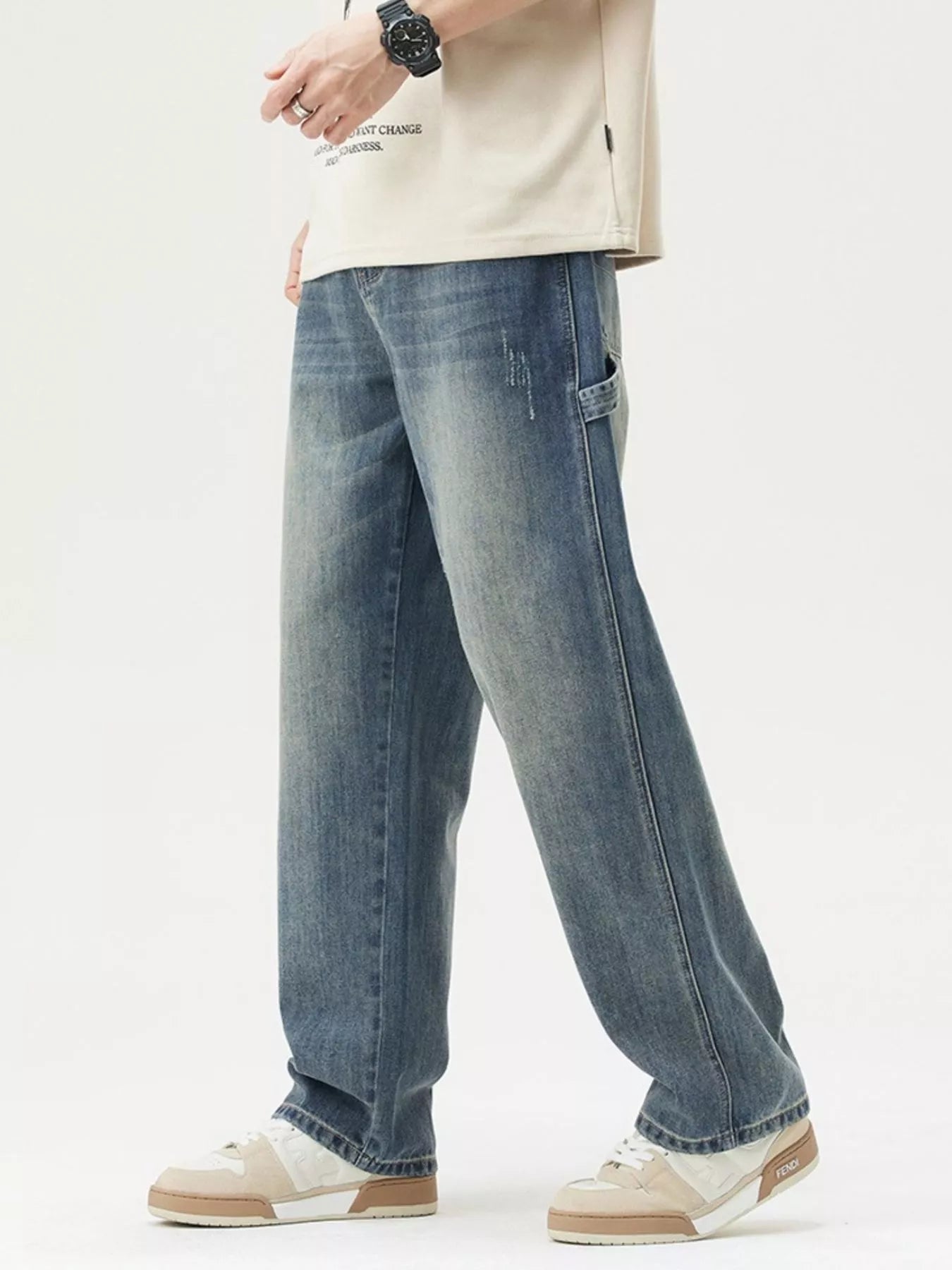 Men's Washed Wide Leg Jeans - Fashorio