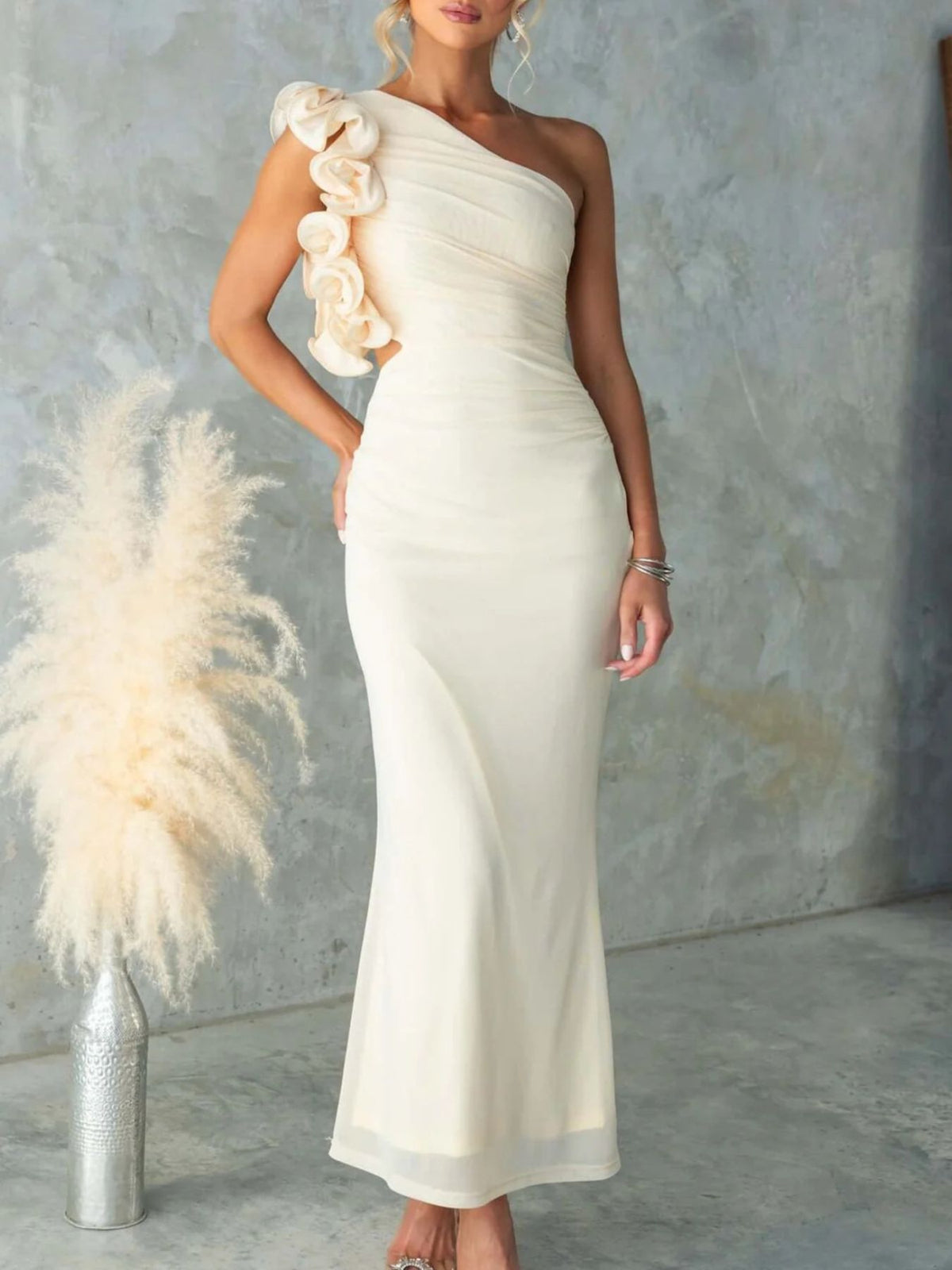 One shoulder floral trim sleeveless maxi dress side view