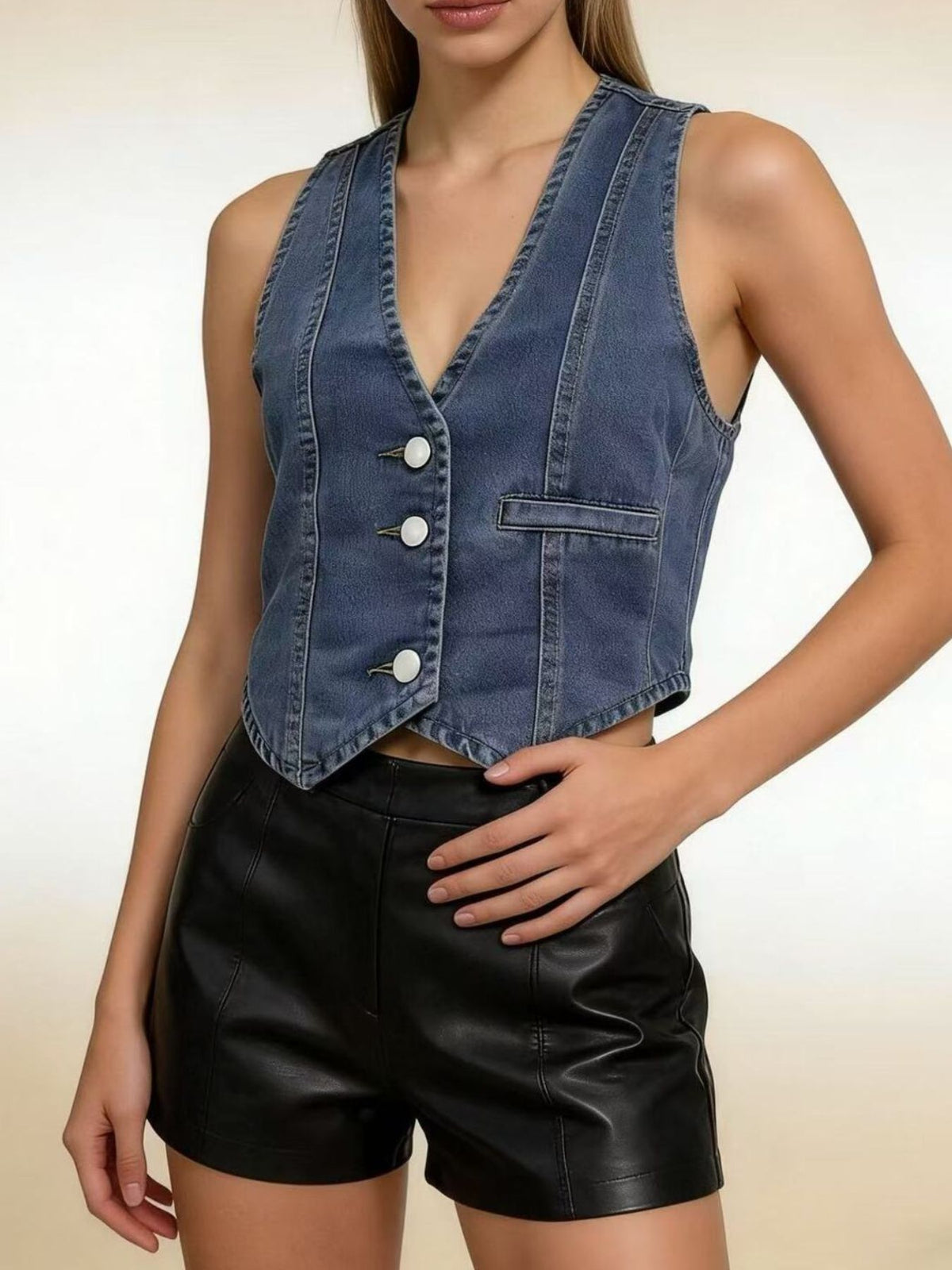 Button Down Denim Vest in Dark Blue side view