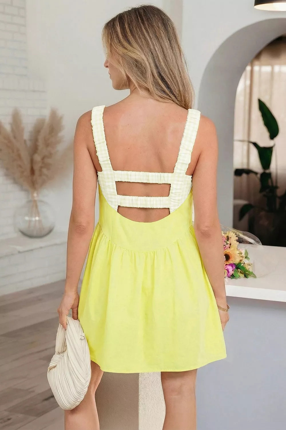 Light yellow gingham faux two piece mini dress back view