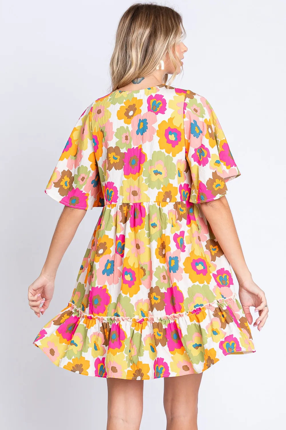 Floral V Neck Ruffle Hem Mini Dress back view