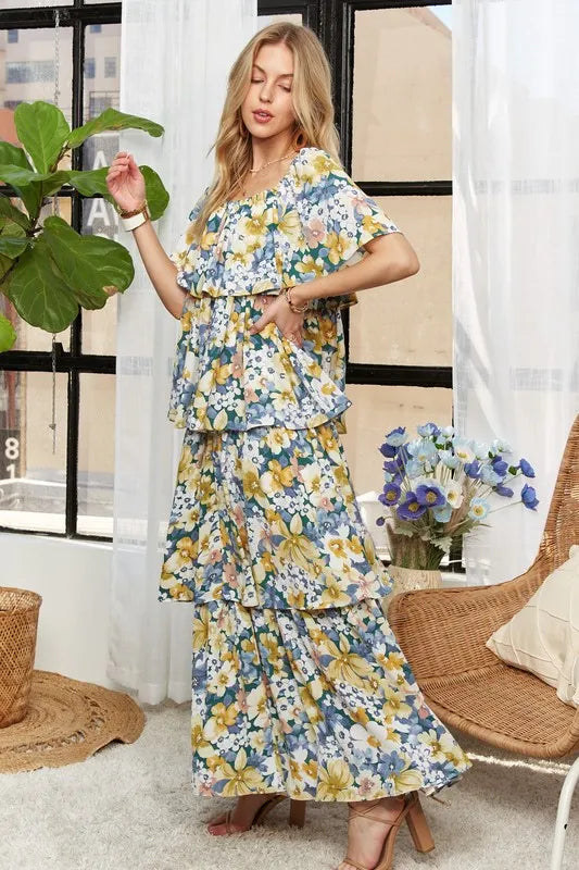 Layered Floral Off Shoulder Short Sleeve Maxi Dress side view