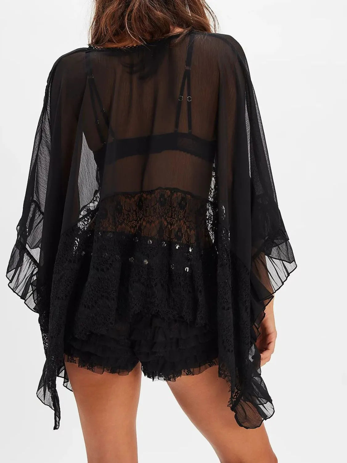 Lace V-Neck Ruffle Long Sleeve Cover-Up - Fashorio