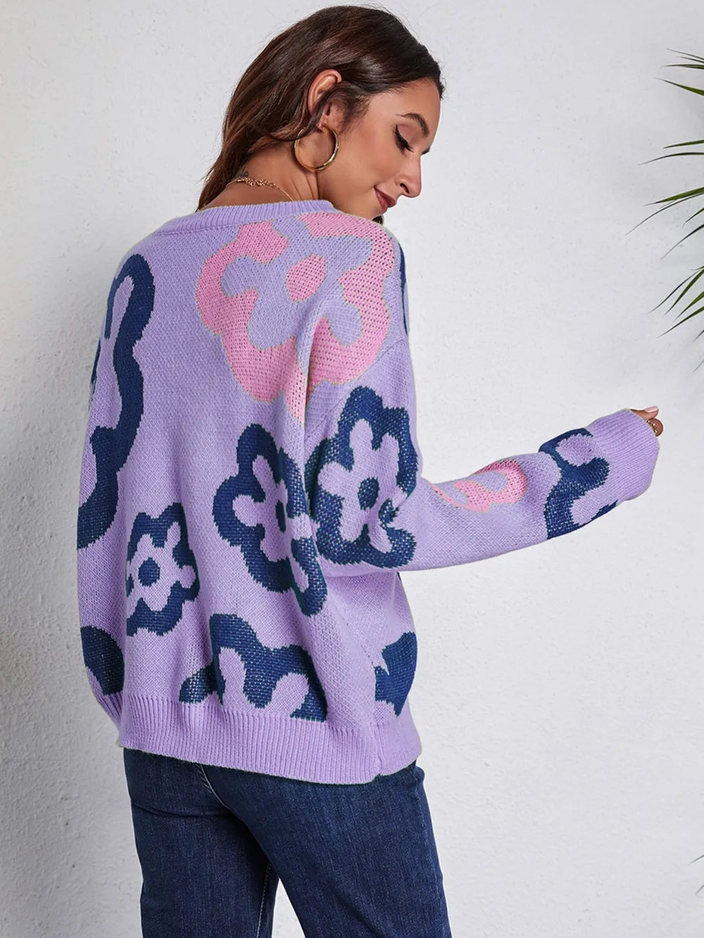 Flower Pattern Round Neck Long Sleeve Sweater - Fashorio