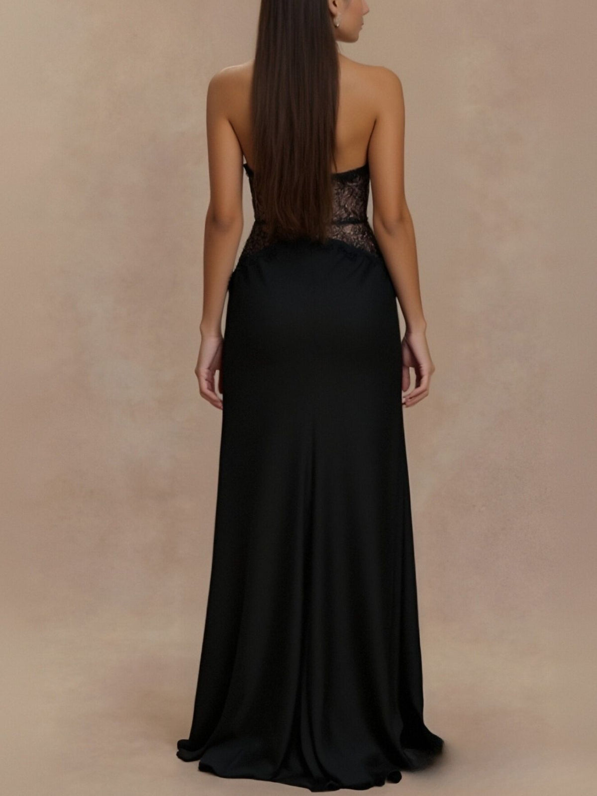 Halter neck lace trimmed maxi dress close up texture