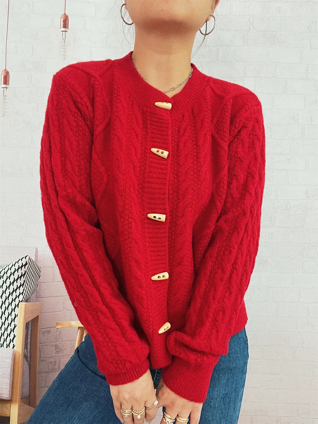 Cable Knit Button-Up Cardigan - Fashorio