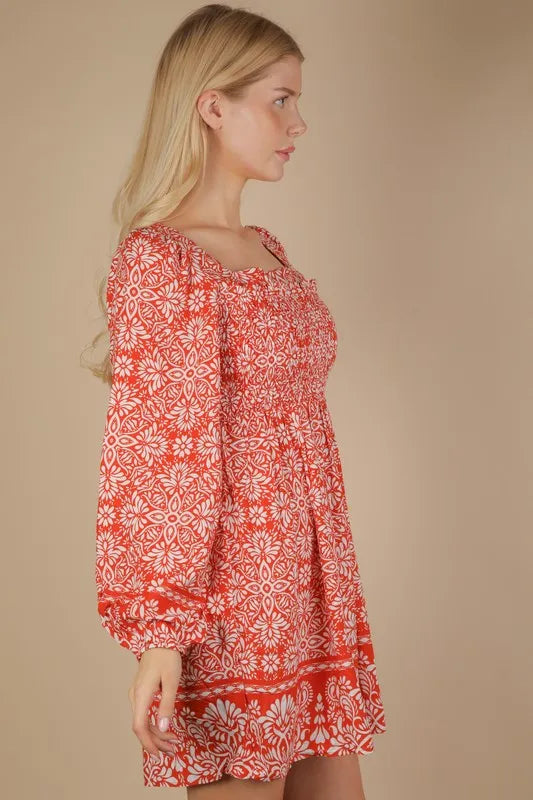 Printed Smocked Chest Boho Mini Dress side view