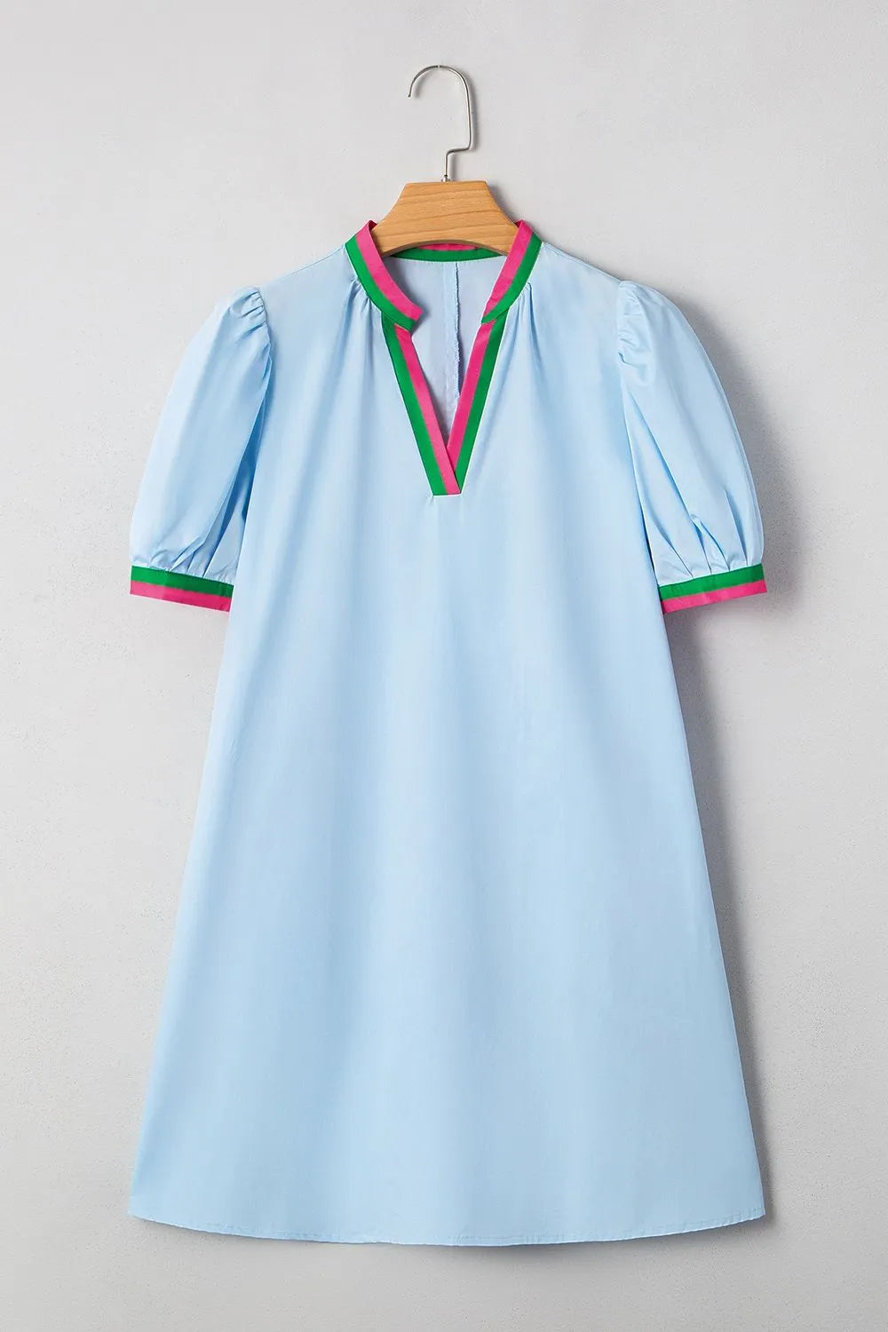 Light blue notched puff sleeve swing dress back view