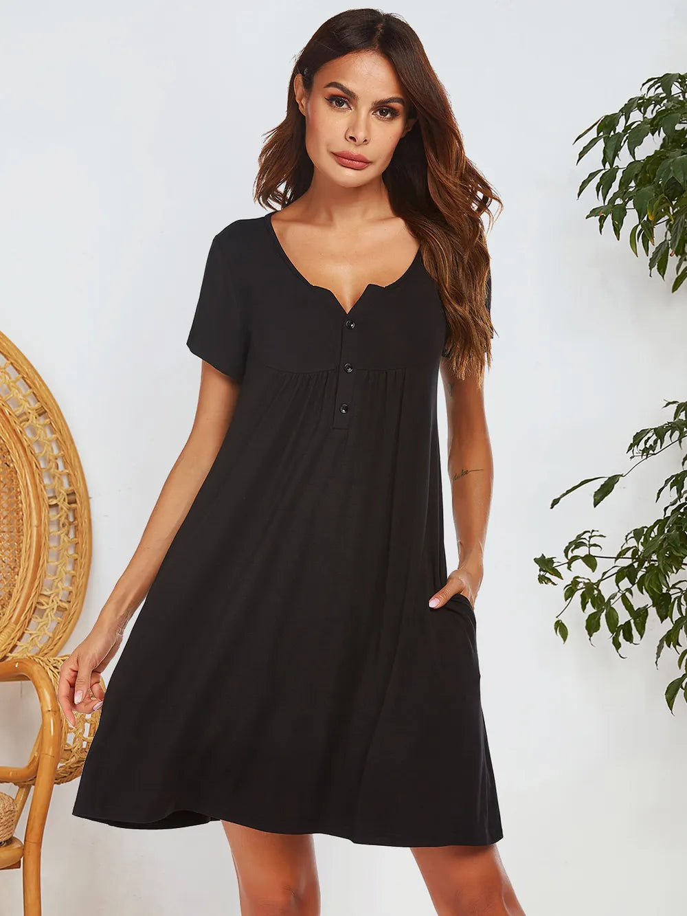 Notched Short Sleeve Mini Lounge Dress Black - Fashorio