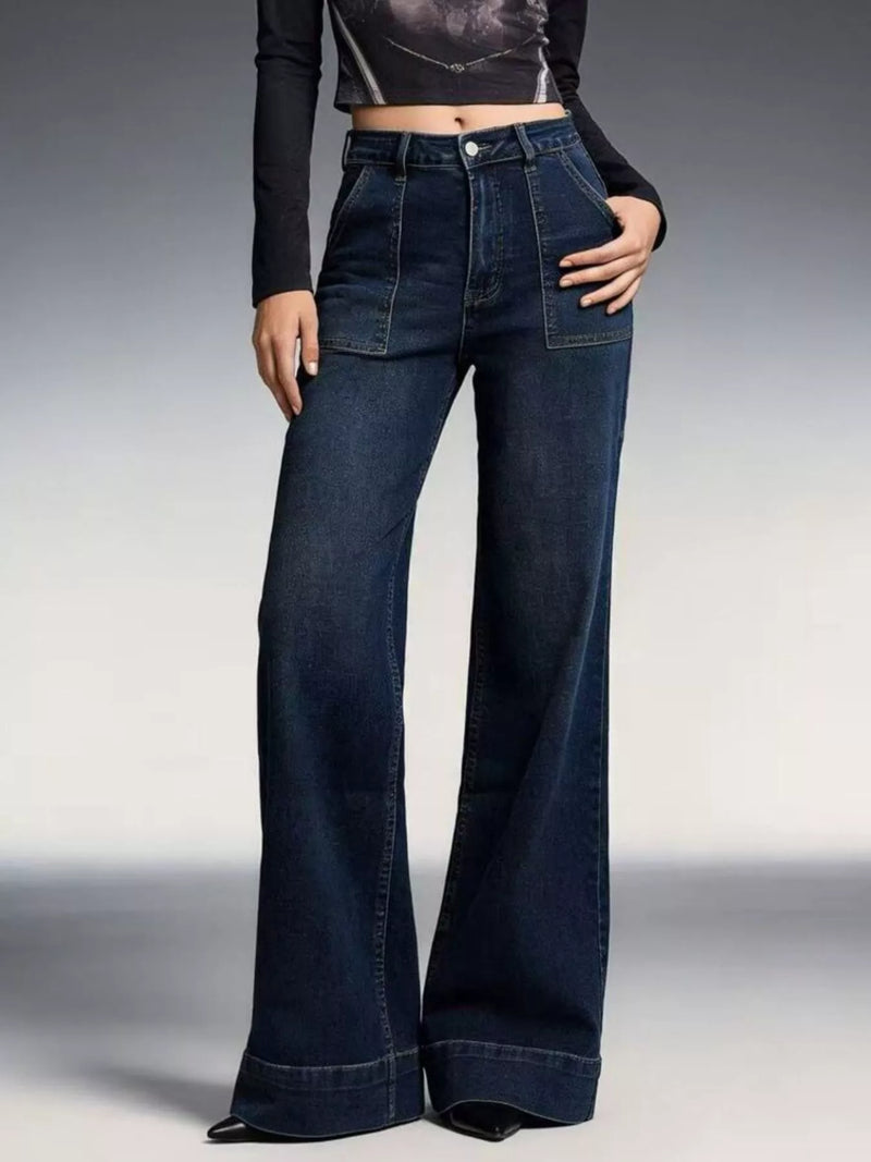 High waisted flare leg jeans front view in dark wash