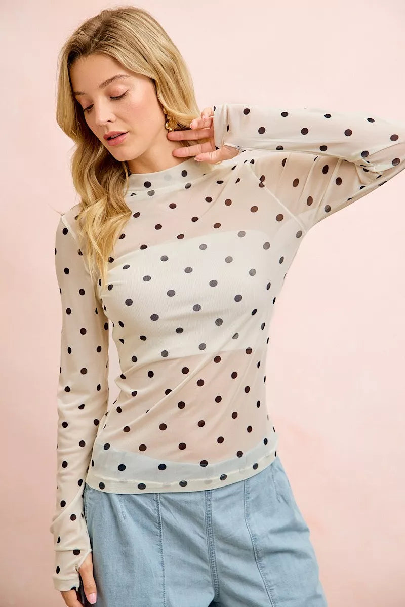 Ivory and black polka dot mock neck sheer mesh top front view