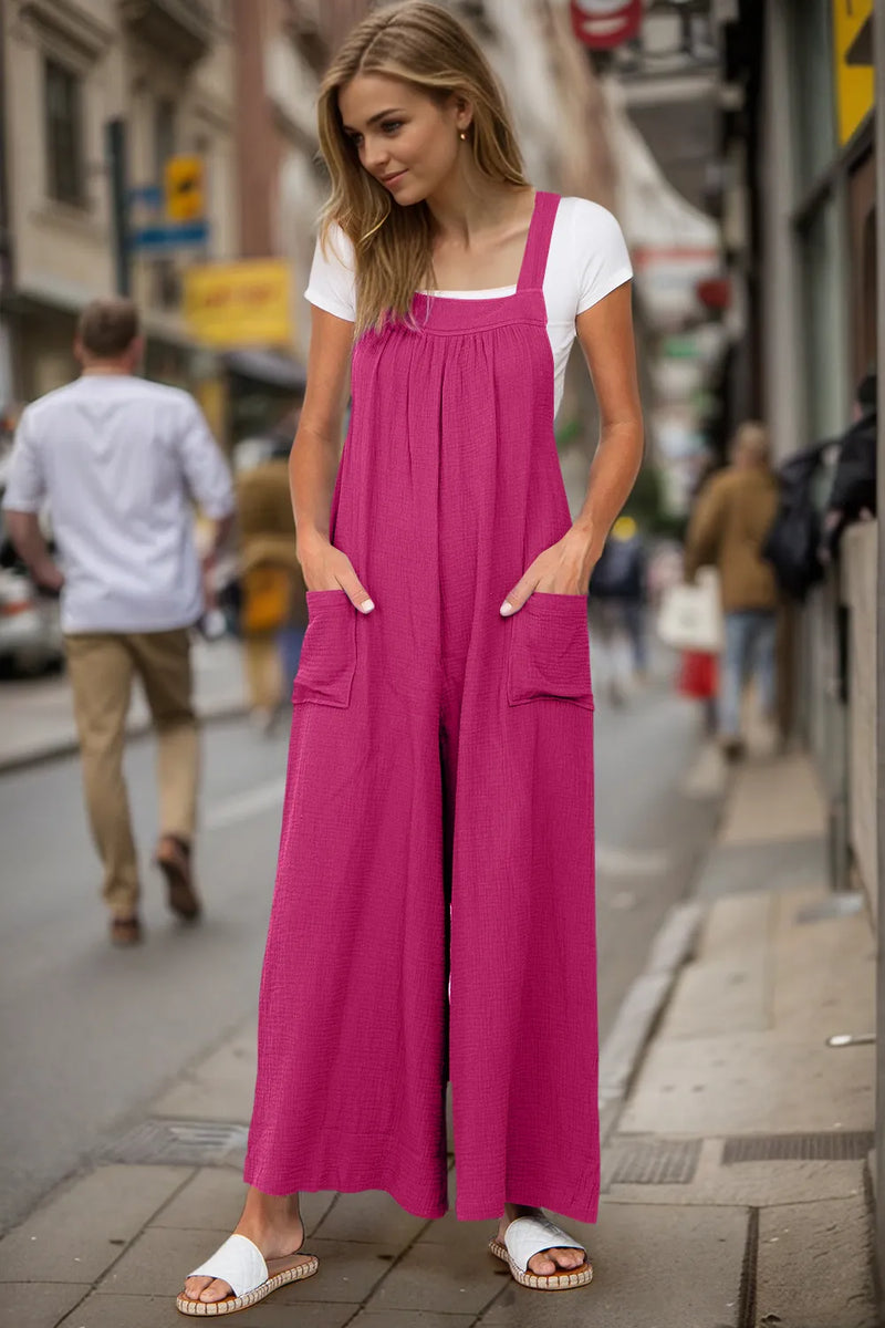 Wide leg cotton overalls front view