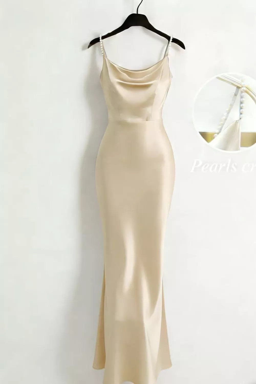 Burgundy satin cowl neck maxi dress with pearl straps front view