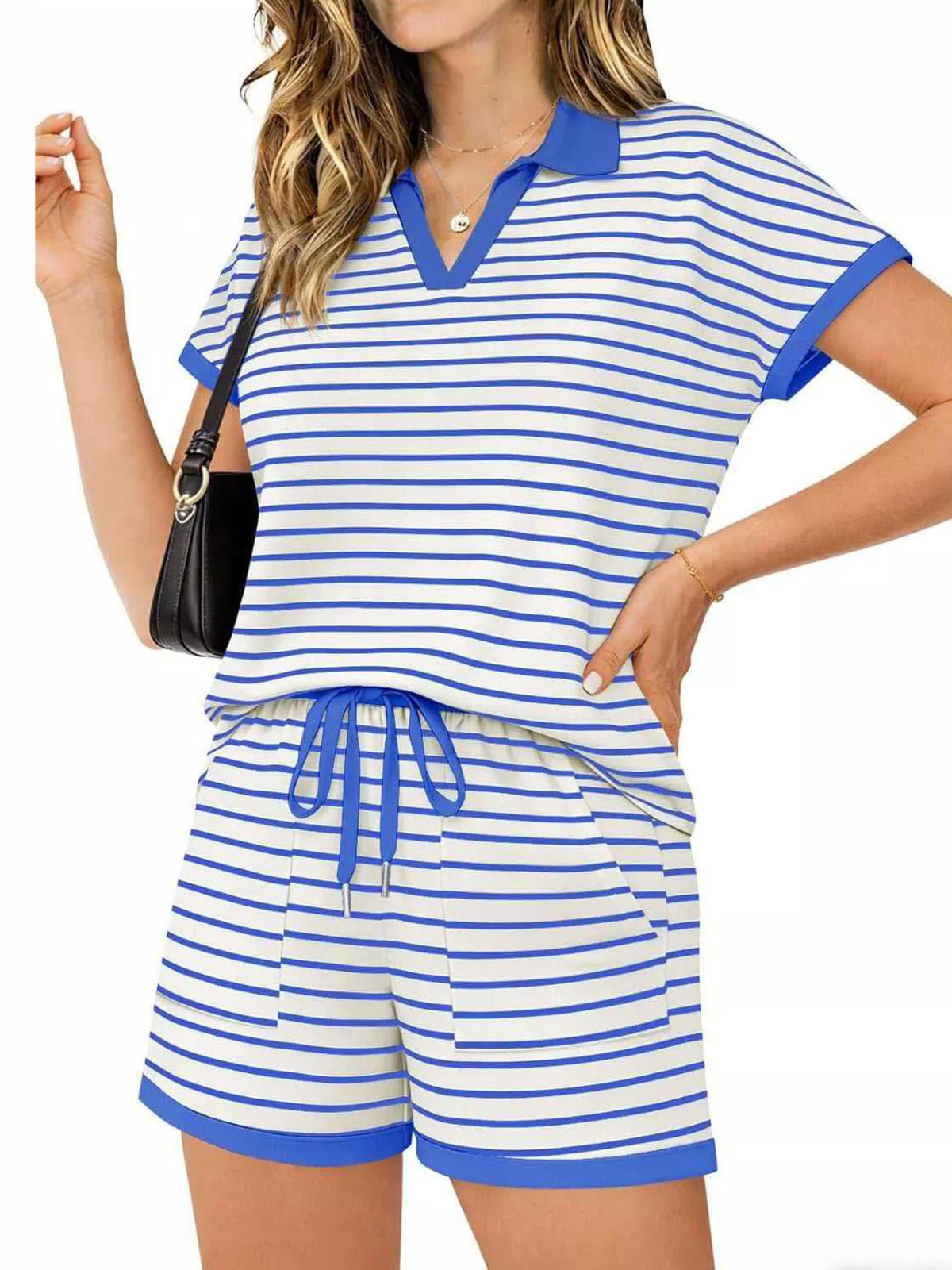 Striped Short Sleeve Polo and Shorts Set, view 15