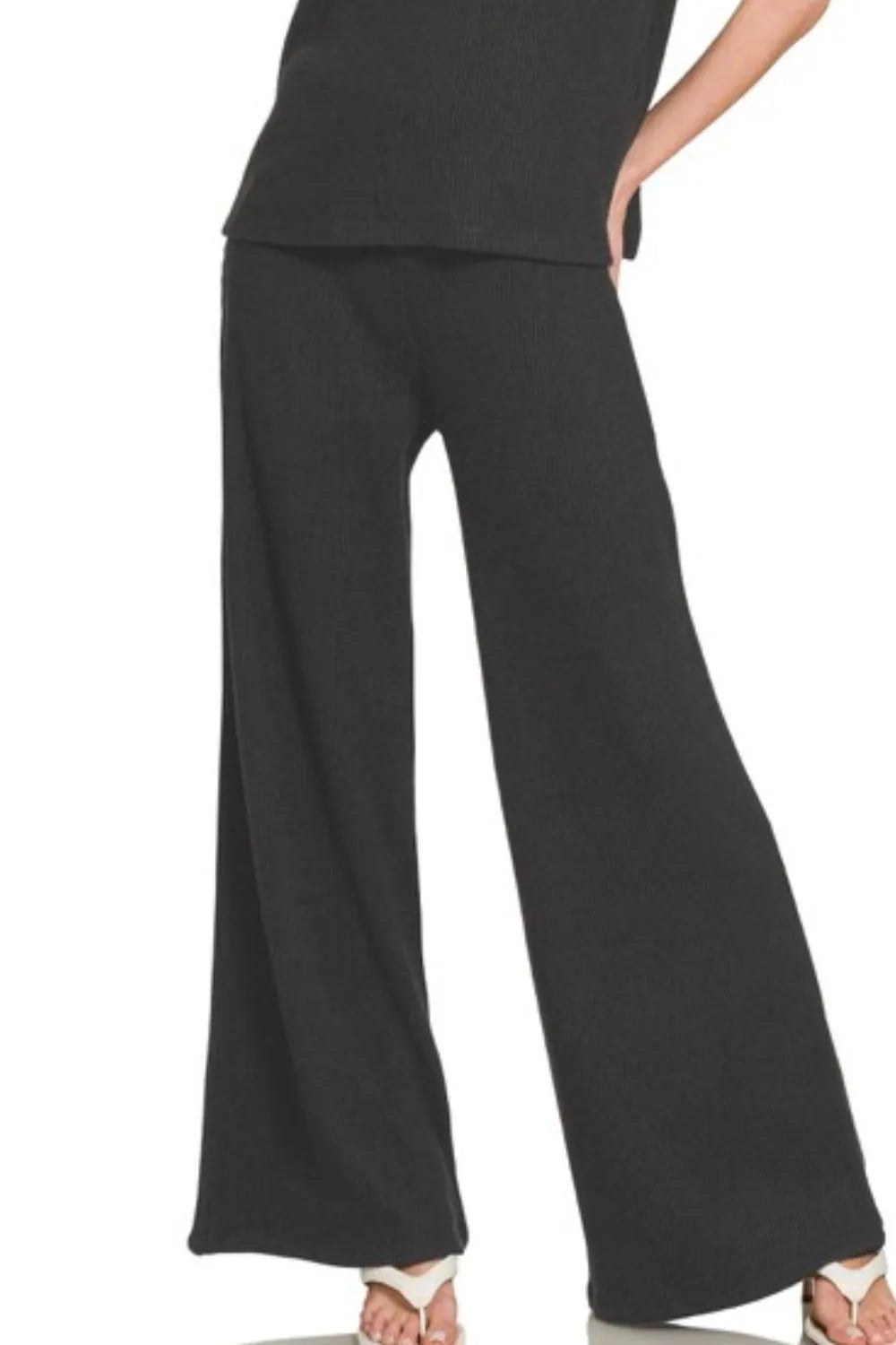 Rolled Sleeve Sweater Top and Pants Set in Black side view