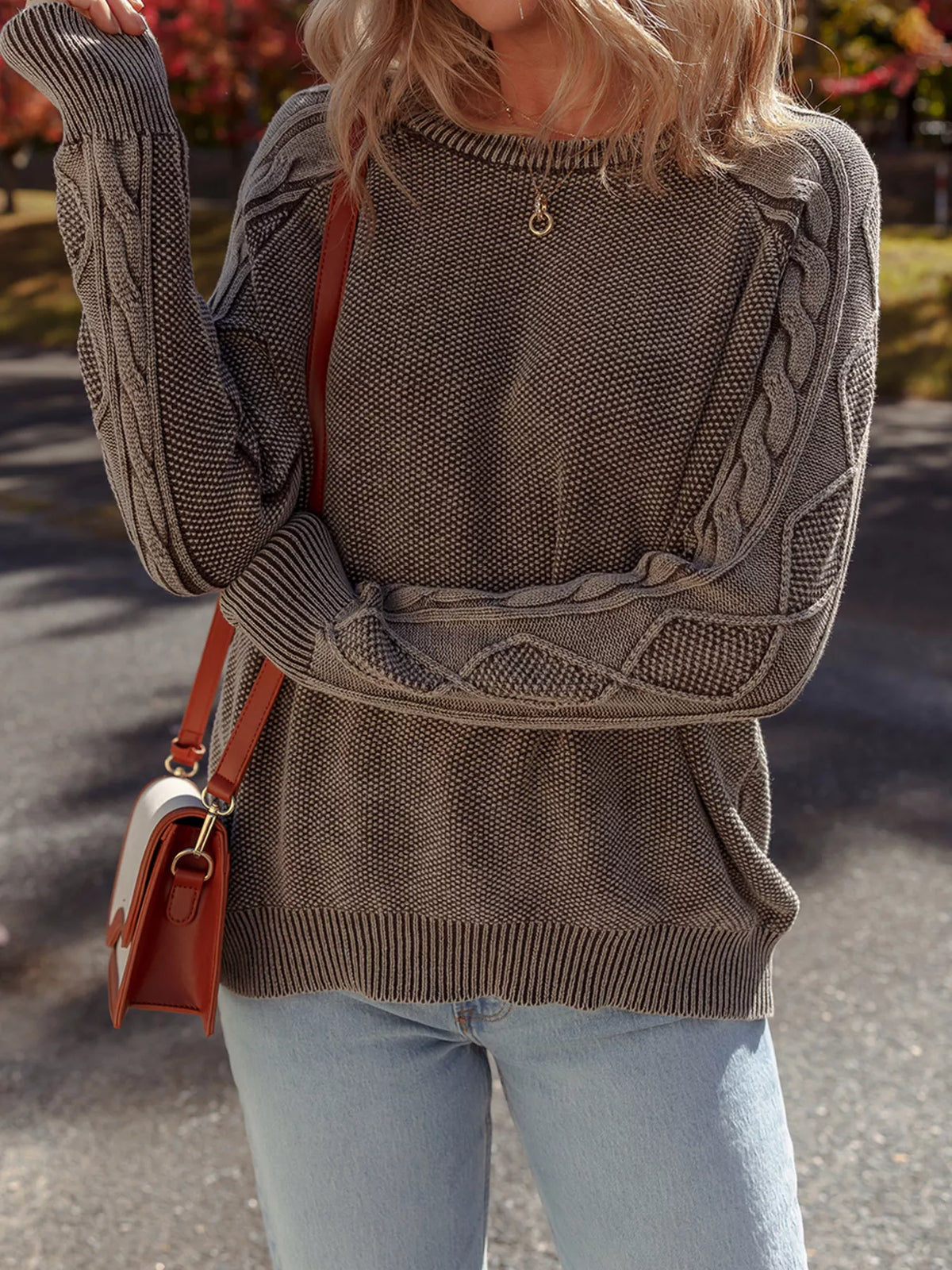 contrast cable knit sleeve sweater brown back view