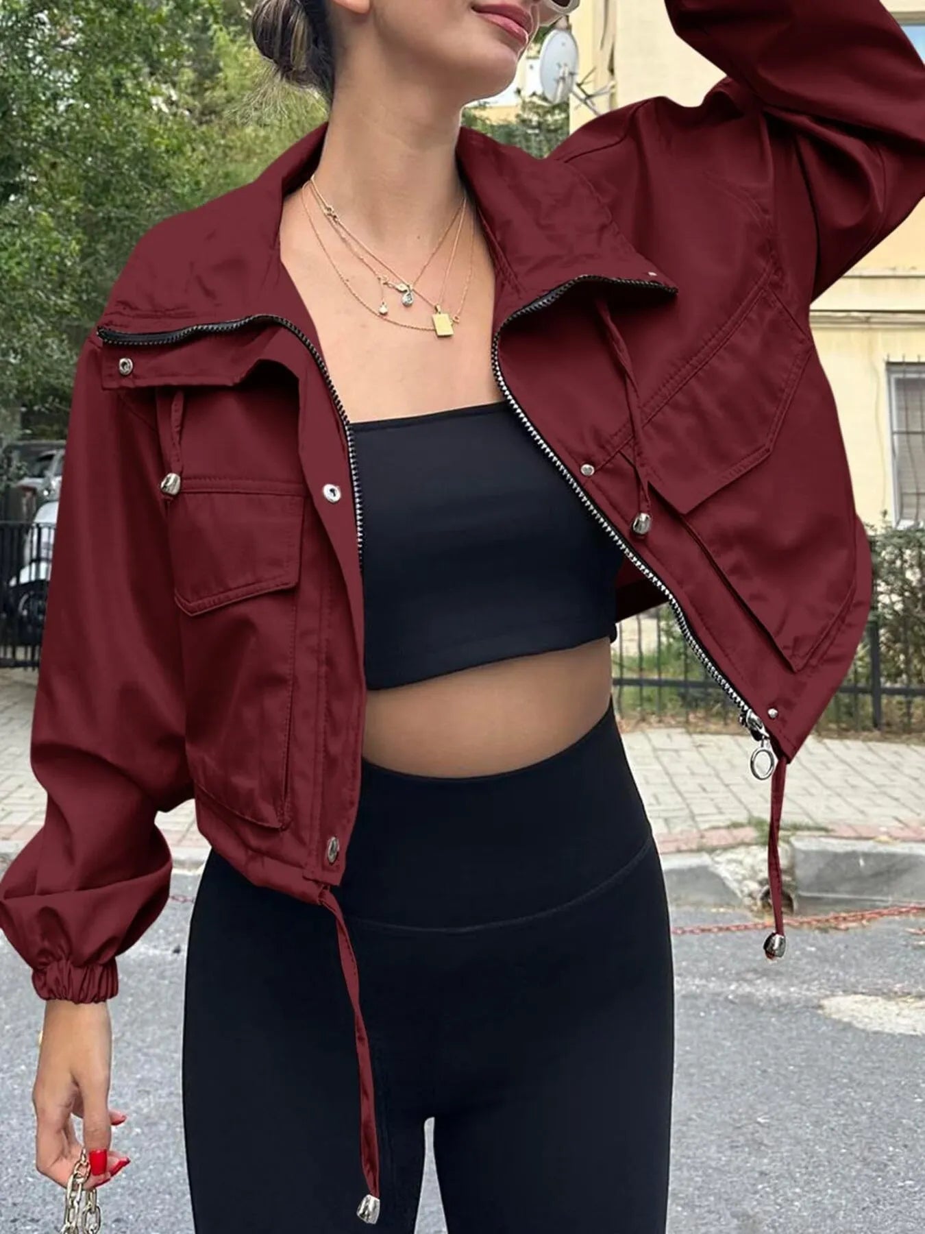 Drawstring Hem Zip Up Jacket Burgundy - Fashorio