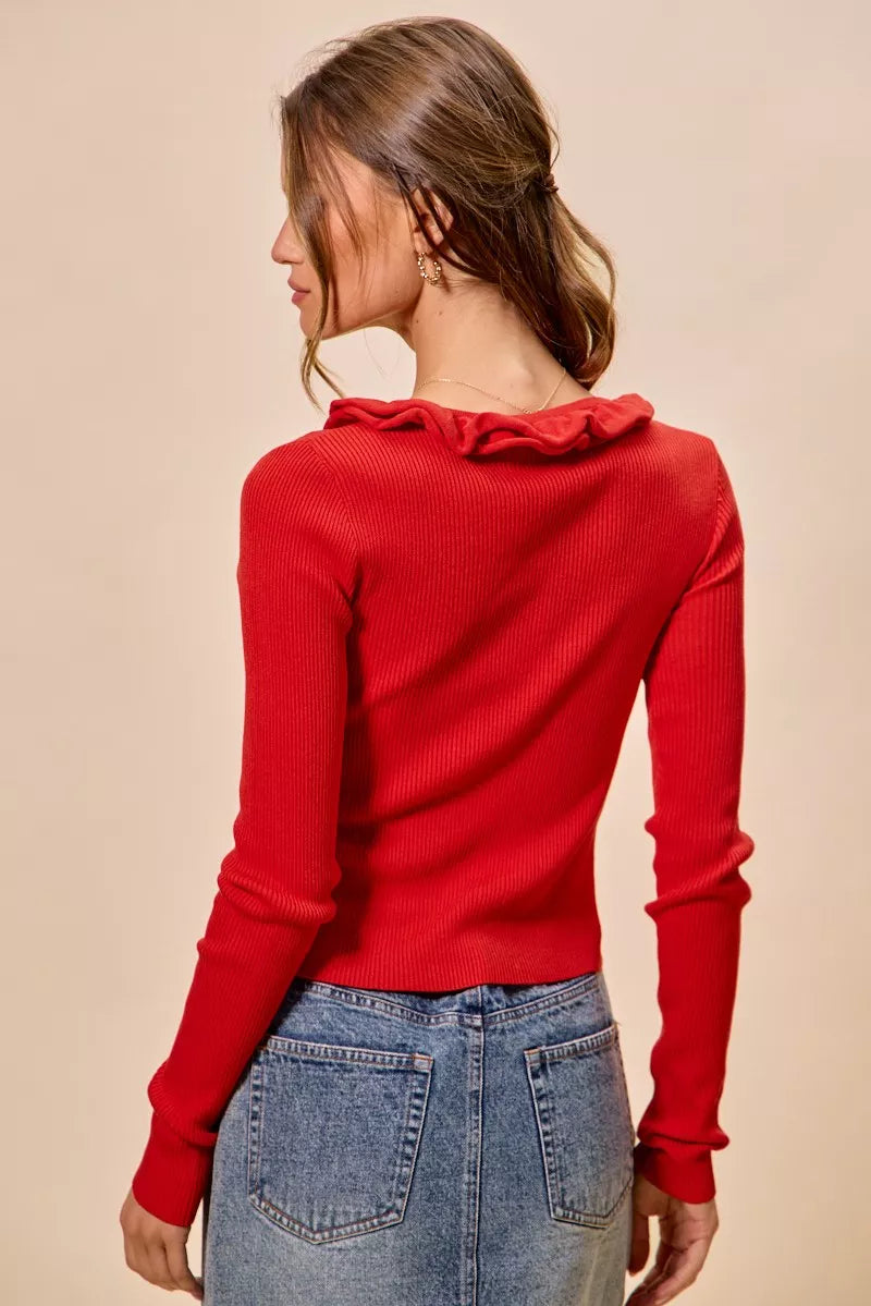 Cascade Ruffle Ribbed Knit Sweater Cardigan, view 20