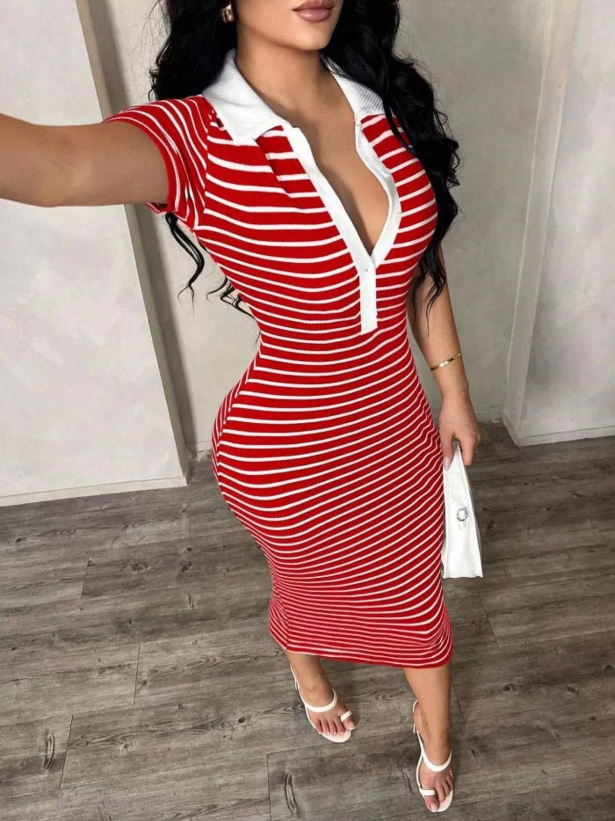 Striped polo collar midi dress back view