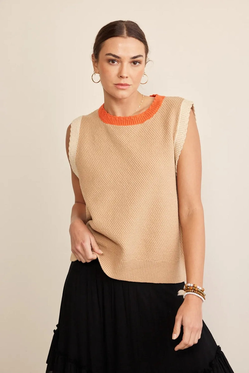 Contrast Trim Round Neck Sweater Vest in Taupe