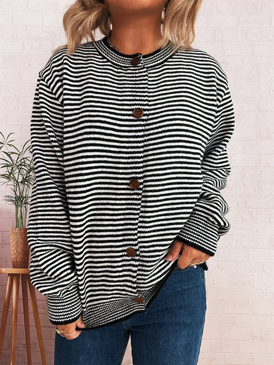 Striped Button Up Long Sleeve Cardigan Black One Size - Fashorio