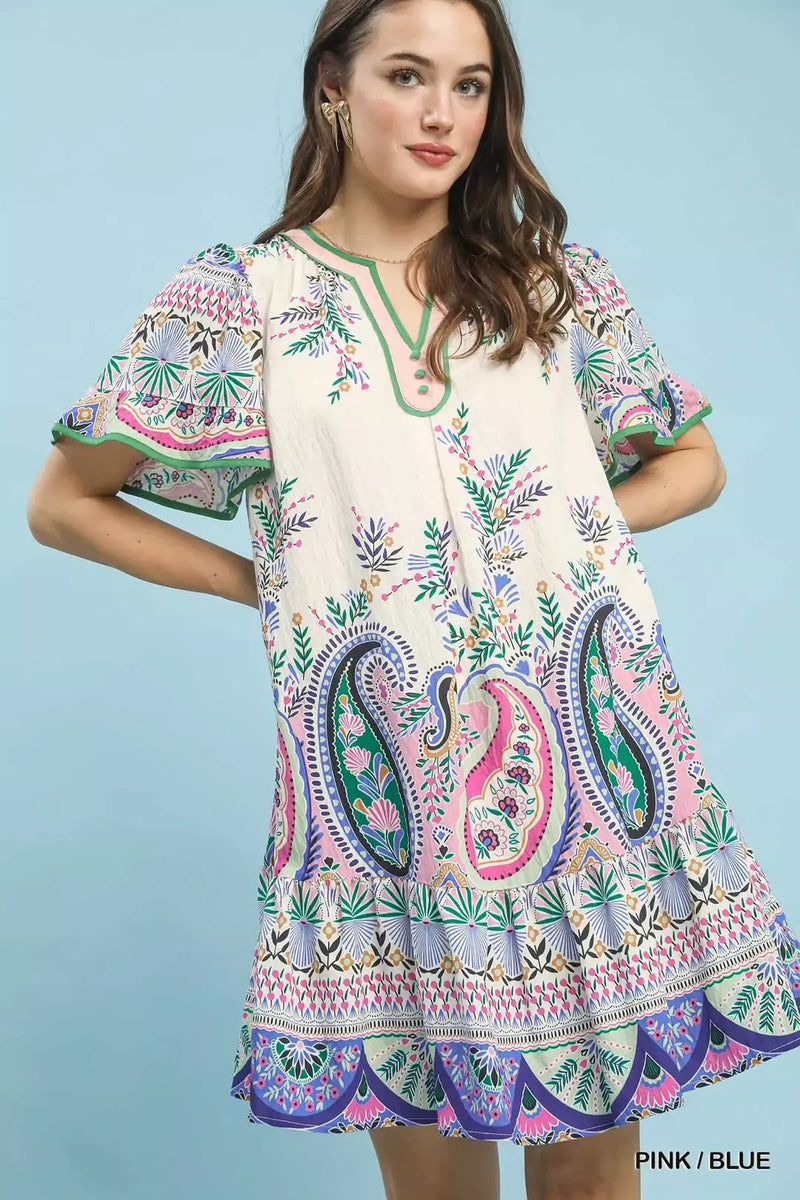 Paisley Flutter Sleeve Mini Dress