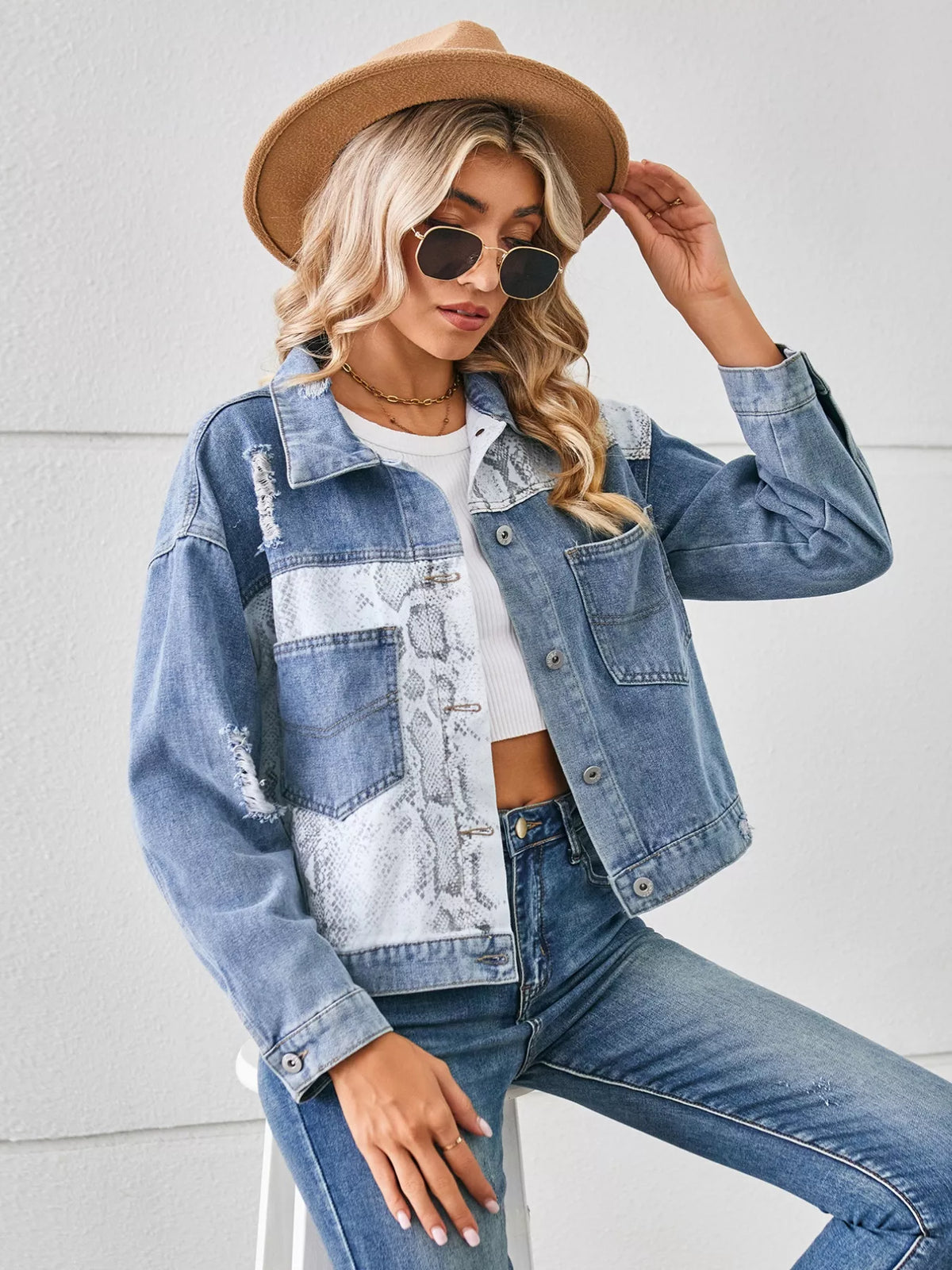 Snake Print Button Up Denim Jacket side view