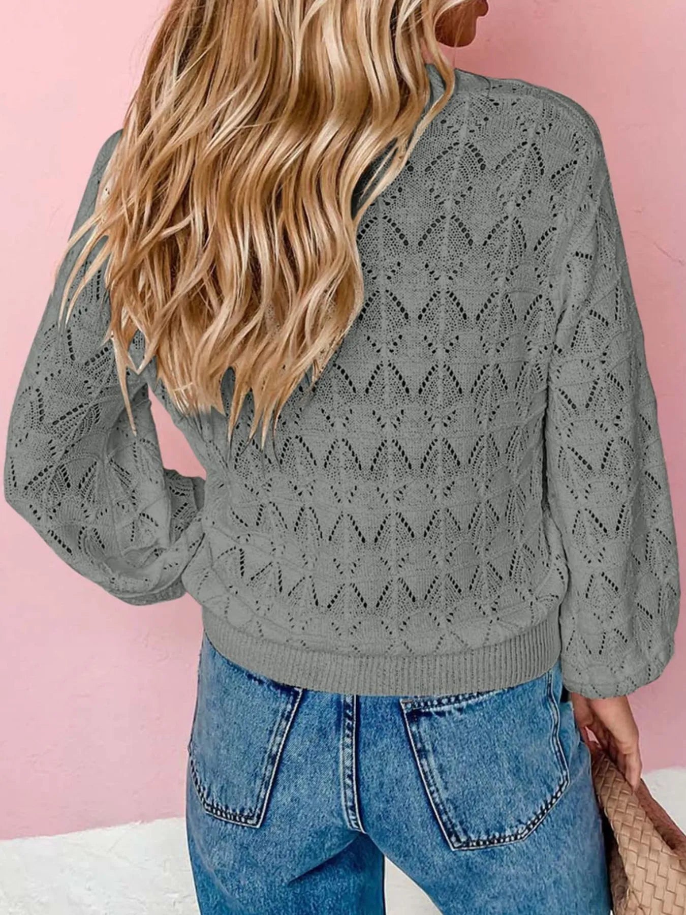 Openwork Button Up Cardigan Gray - Fashorio