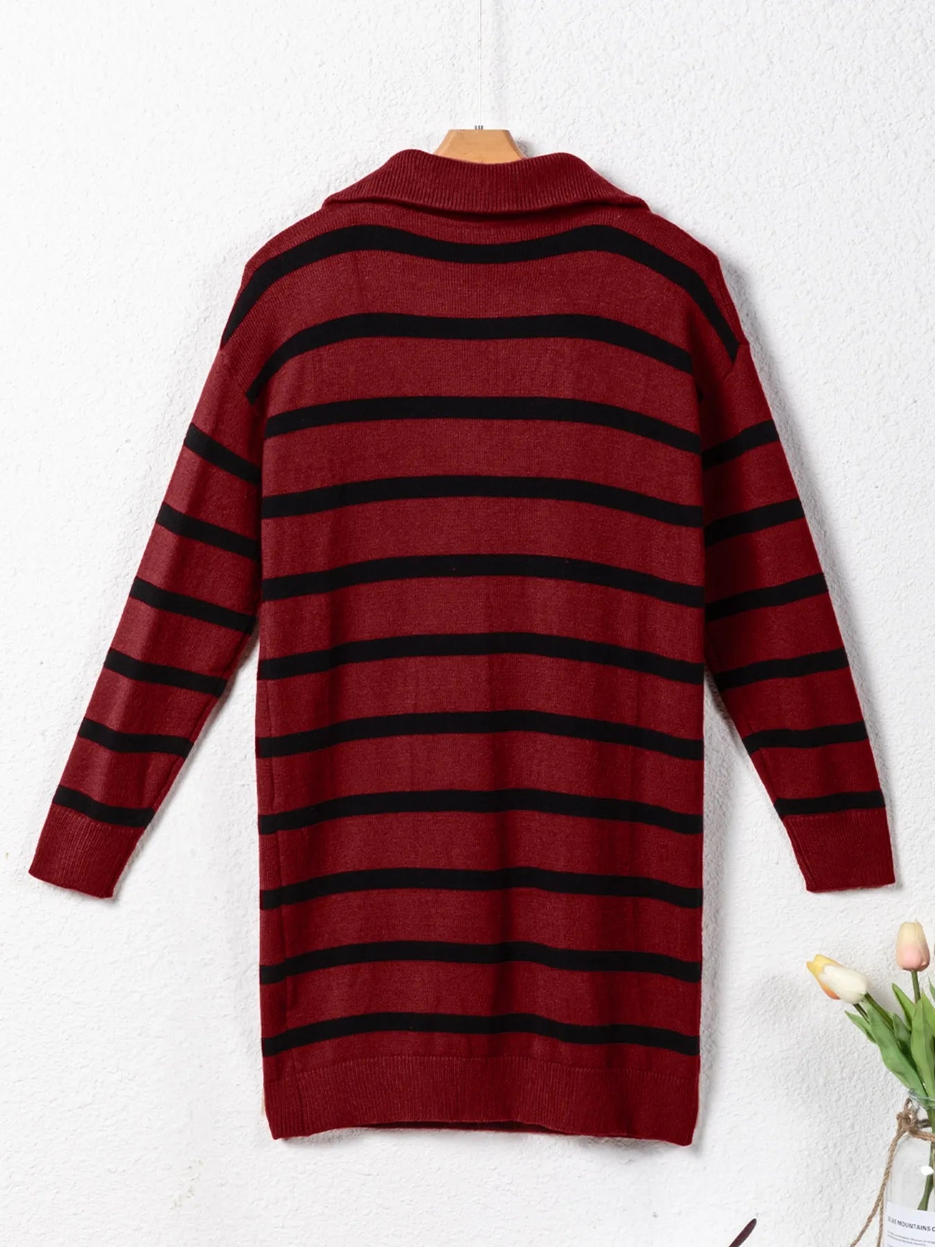 Striped O-ring Zip Collared Loose Sweater Mini Dress - Fashorio