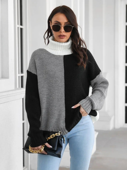 Contrast Turtleneck Long Sleeve Sweater Black - Fashorio