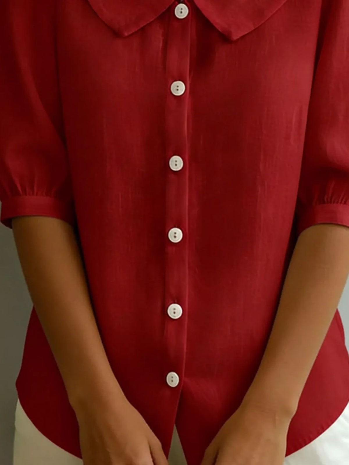 Peter Pan collar puff sleeve button down shirt styled view