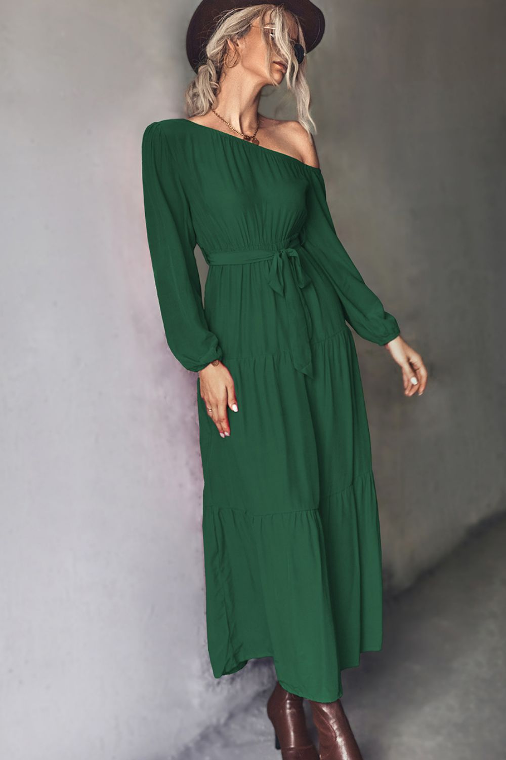 Belted One-Shoulder Tiered Maxi Dress - Fashorio