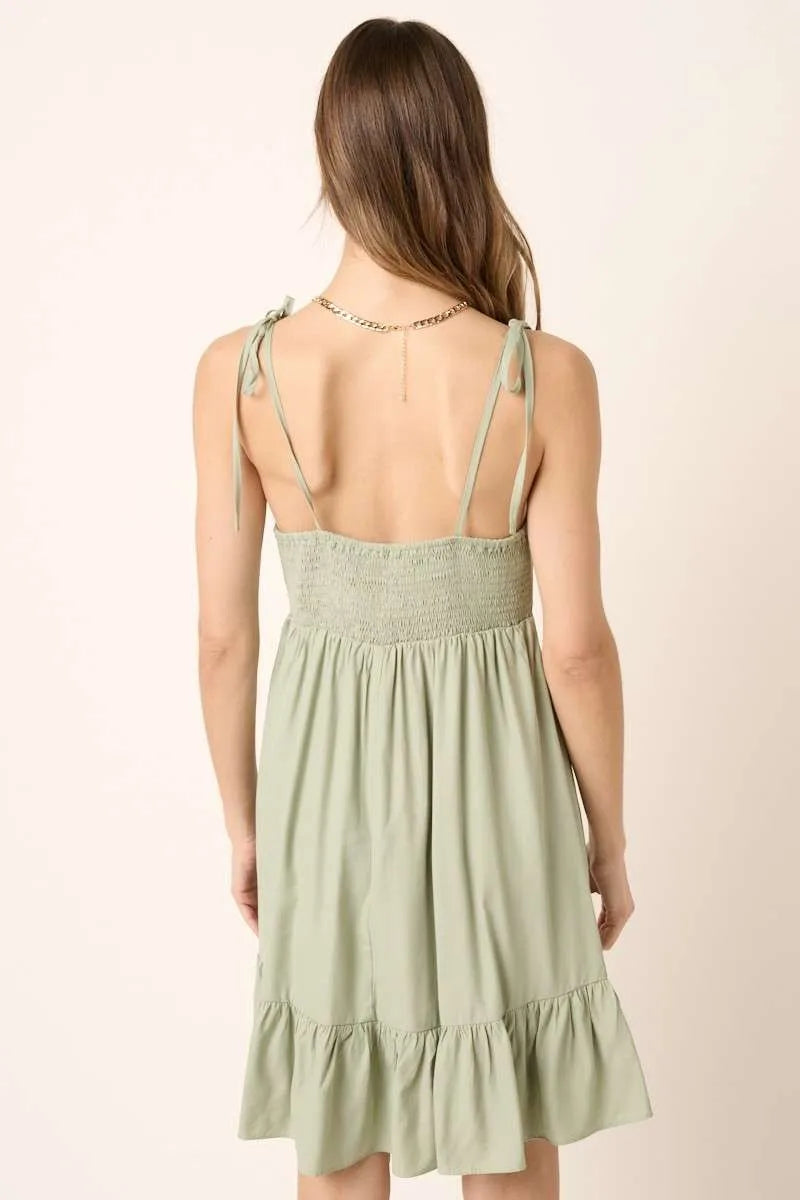 Ruched Spaghetti Strap Mini Dress in Sage detail